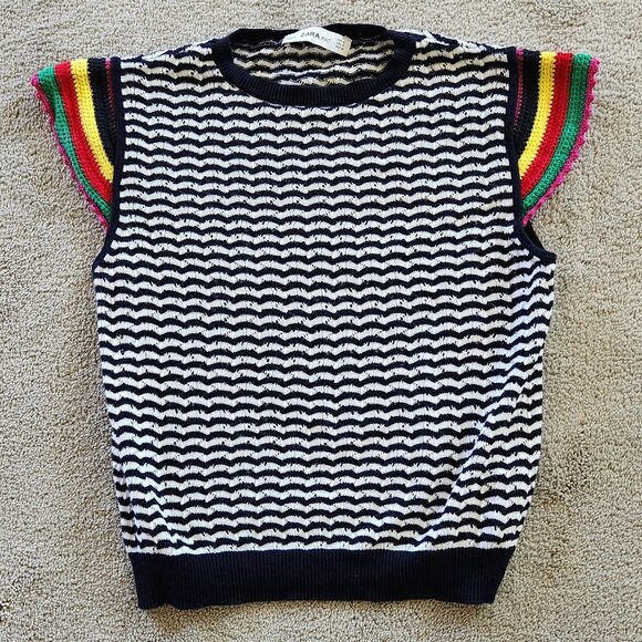 Zara striped knitted/chrochet ruffle sleeve  cotton top/blouse/sweater Sz S - Picture 5 of 8